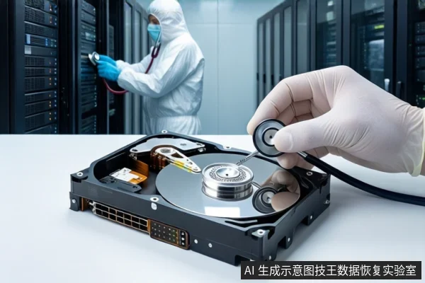 洁净室白色桌面上平放一块打开外壳的机械硬盘，前景一只戴白手套的手持听诊器贴向盘片，背景中一名穿无尘服的技术人员正在操作服务器机柜。