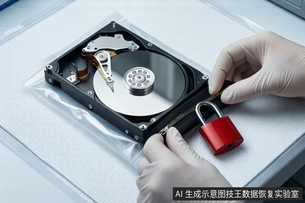 白色防静电垫上平放一块打开外壳的机械硬盘，前景一双戴白手套的手正在操作硬盘边缘，右侧挂有一把红色挂锁。
