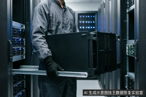 一名身穿灰色工作服、佩戴黑色手套的运维人员,在服务器机房通道内双手托举着一台黑色的机架式服务器设备,背景可见排列整齐的机柜及蓝色指示灯。