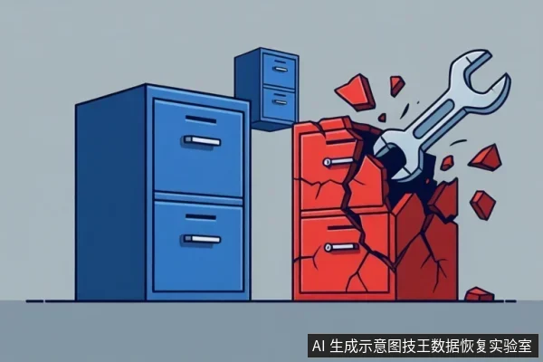 画面左侧是完整的蓝色文件柜,右侧红色文件柜被一把扳手砸出裂缝并碎裂,周围有碎片飞溅。