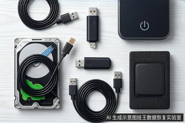 白色木纹桌面上平放一块打开外壳的机械硬盘,周围散落多根USB数据线、USB闪存盘和两个黑色方形存储设备,无人员操作。