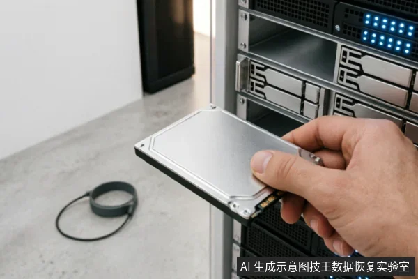 一只手在服务器机柜前拿持一块银色机械硬盘,背景可见亮着蓝光的服务器指示灯及地面的数据线。画面展示了数据中心环境下的硬件操作场景,主体清晰,无文字干扰。