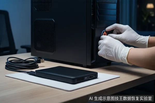 木质桌面上，戴白手套的双手正按压黑色塔式主机正面的红色电源按钮。前景白色垫子上平放一块黑色移动硬盘，左侧盘绕一根黑色USB数据线，背景为模糊的室内环境。