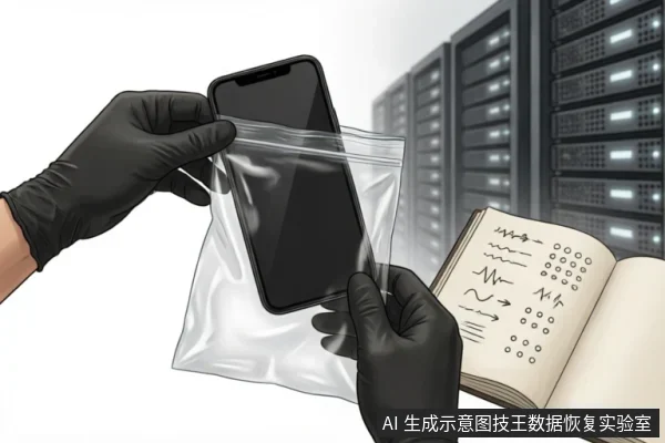 戴着黑色手套的双手将一部智能手机放入透明密封袋中，背景为模糊的服务器机柜。右下角有一本摊开的笔记本，上面画着波形图和点阵图，象征记录设备状态与数据边界。