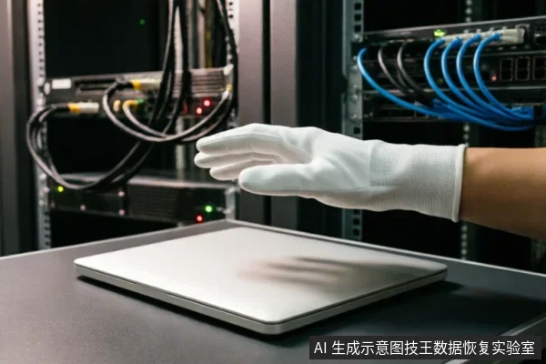 一只戴着白色防静电手套的手悬停在闭合的银色笔记本电脑上方,背景为带有蓝色网线和闪烁指示灯的专业服务器机柜。
