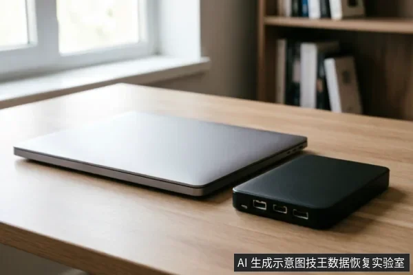 木质办公桌上放置着一台闭合的银灰色笔记本电脑和一个黑色的外接硬盘盒。背景为模糊的窗户和书架，光线明亮柔和。画面展示了数据恢复指南中涉及的典型硬件设备静置场景，未显示任何通电连接或操作动作。