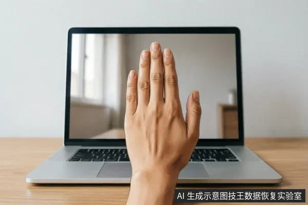 一只手掌在笔记本电脑屏幕前竖起,做出明确的“停止”或“拒绝”手势。背景为打开的银色笔记本电脑放置在木质桌面上,屏幕处于黑屏或反光状态,无可见文字。画面直观传达了禁止操作、暂停或阻断的意思。
