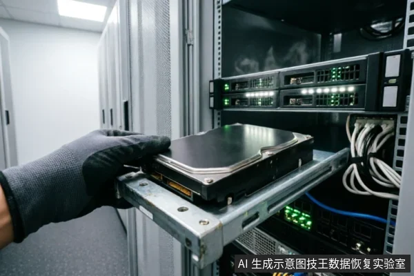 A gloved technician holds a hard drive on a metal tray in front of an active server rack with blinking lights and cabling.