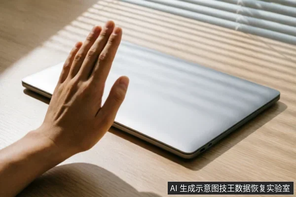 一只手掌在闭合的银色笔记本电脑前做出停止手势,百叶窗投下的条纹光影覆盖在手和电脑上,直观传达在设备异常时立即停止操作、紧急止损的含义。