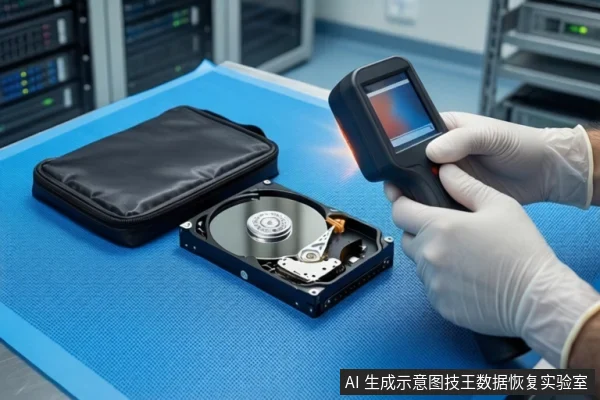 蓝色防静电垫上平放一块打开外壳的机械硬盘，左侧有一个黑色防震箱。右侧一双戴白色手套的手正握持一个带屏幕的黑色手持设备，对准硬盘上方。背景可见服务器机柜。