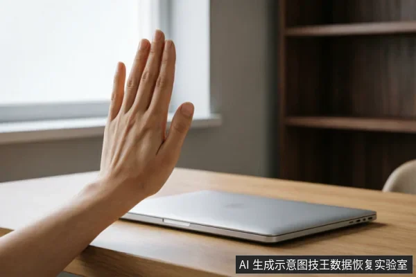 一只手掌在闭合的笔记本电脑前做出明显的停止手势,示意拒绝或暂停操作。背景为模糊的室内桌面与书架,强调面对设备故障时应保持静止、禁止盲目通电或修复的止损理念。