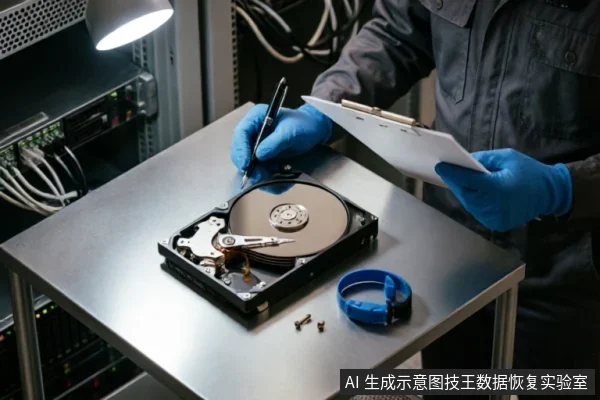 一名身穿工装、佩戴蓝色防静电手套的技术人员正在金属工作台上检查一块已打开外壳的机械硬盘。他一手持写字板记录,另一手持笔指向裸露的盘片与磁头组件,旁边放有防静电手环和螺丝,背景可见服务器机柜,展现了专业数据恢复或硬件检测场景。