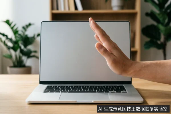 一只手掌在银色笔记本电脑屏幕前做出明显的“停止”手势,示意拒绝或中断操作。背景为模糊的木质书架和绿植,桌面整洁,无其他设备。