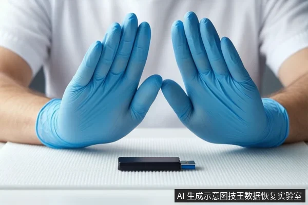 白色桌面上,前景一双戴蓝色手套的手掌心朝外做出停止手势。中间平放一个黑色U盘。背景为模糊的室内环境。