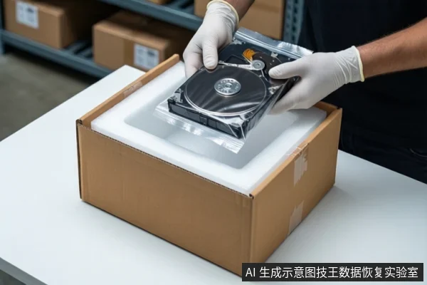 仓库环境中,一双戴白色手套的手正将一块装在透明防静电袋中的裸露机械硬盘放入装有白色泡沫的纸箱中。背景可见货架和纸箱。