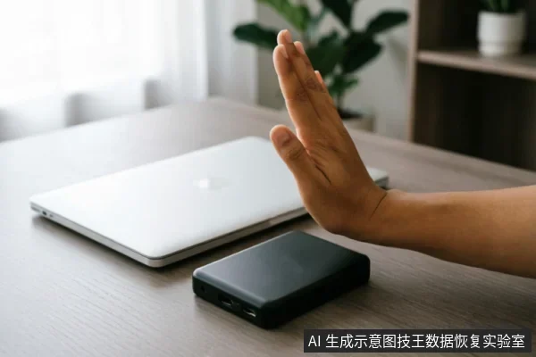 一只手掌在木质桌面上做出停止的手势,挡在闭合的银色笔记本电脑和黑色移动硬盘前方,示意立即停止操作或断电。