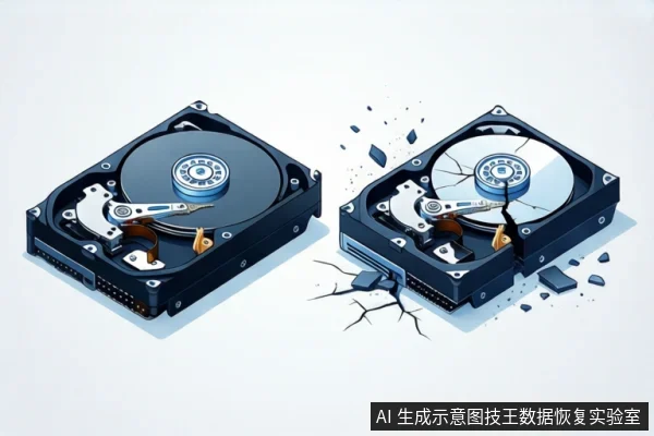 白色背景中并排展示两块打开外壳的机械硬盘,左侧硬盘结构完整,右侧硬盘外壳破裂、盘片出现裂纹并有碎片飞溅。