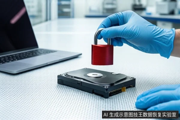 白色防静电工作台上，左侧有一台银色笔记本电脑，中间平放一块打开外壳的机械硬盘。前景一只戴蓝色手套的手持红色挂锁悬停在硬盘上方，另一只手扶在桌面边缘。背景是模糊的实验室环境。