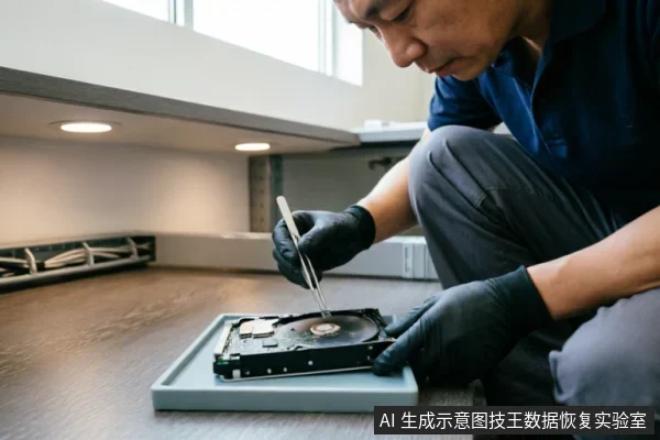 一名身穿蓝色工装、佩戴黑色防静电手套的技术人员,正蹲在木质台面旁,使用镊子精细操作一块已拆解的机械硬盘。硬盘放置在浅灰色托盘上,背景可见机柜环境,展示了专业机构对硬件进行物理检测或维修的场景。