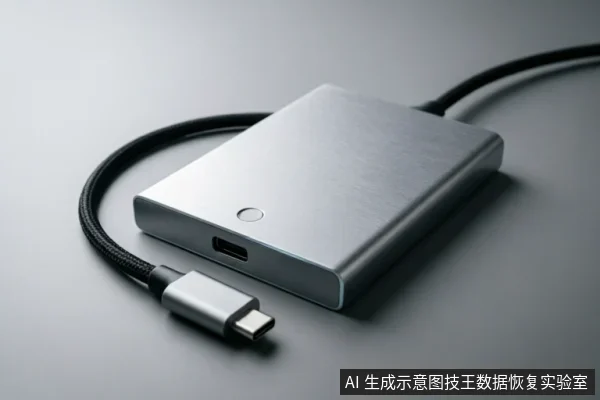 一个银色金属外壳的便携式移动硬盘,侧面可见USB接口和圆形指示灯,连接着一根黑色编织材质的USB-C数据线,放置在灰色背景上。