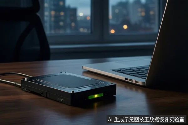 深色木桌上平放一个黑色外接硬盘盒,正面亮着绿色指示灯,左侧连接黑色线缆。右侧有一台打开的银色笔记本电脑,背景是模糊的城市夜景窗户。