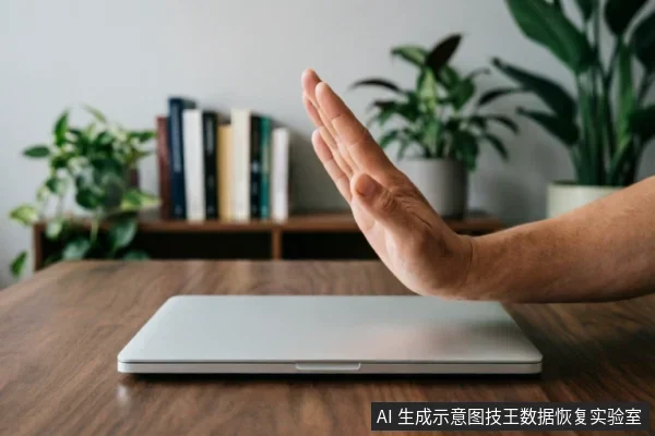 一只手掌在闭合的银色笔记本电脑前做出明确的停止手势,示意暂停或禁止操作。背景为模糊的书架与绿植,营造出办公环境氛围,直观传达在硬盘故障排查中应停止不当尝试、保护原始介质的安全止损理念。