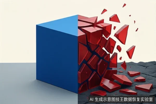 画面展示一个蓝色立方体,其右侧部分碎裂成红色碎片,碎片向四周飞散,背景为浅色墙面和深色地面。