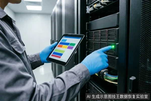 一名身穿灰色工装、佩戴蓝色防静电手套的技术人员站在服务器机柜前，左手持平板电脑显示彩色数据图表，右手食指正指向机柜中亮着绿色指示灯的硬盘托架，展示专业硬件检测场景。