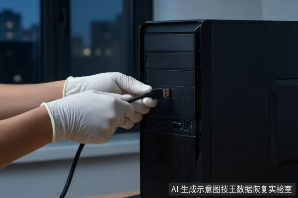 画面中,一双戴着白色手套的手正握持一根黑色线缆的USB插头,将其插入一台黑色台式主机前部的接口中。背景为模糊的窗户和城市夜景。