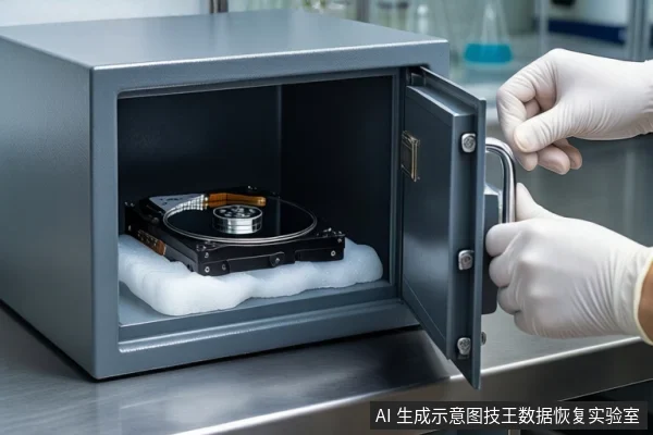 金属台面上,一个打开的灰色保险柜内平放着一块裸露的机械硬盘,下方垫有白色泡沫。右侧一双戴白色手套的手正握持保险柜门把手,背景为模糊的实验室环境。