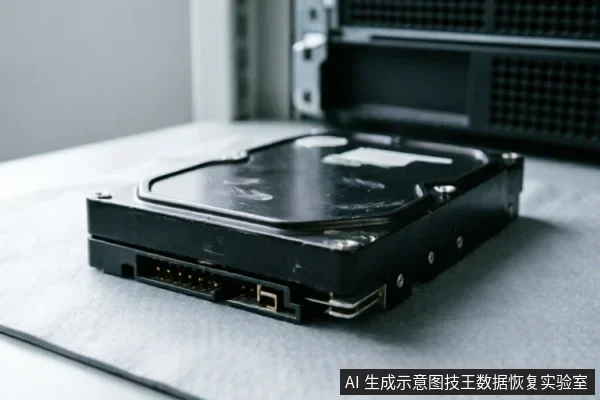 一块黑色的笔记本机械硬盘静置于灰色防静电垫上，侧面SATA数据与电源接口清晰可见。背景模糊显示服务器或机箱设备局部，营造出专业硬件检测环境氛围，主体完整且无操作动作。