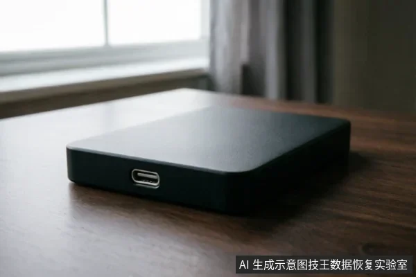 图片展示了一个放置在深色木纹桌面上的黑色外置移动硬盘，背景为模糊的窗户和窗帘。画面聚焦于设备侧面的USB Type-C接口，清晰呈现了设备的哑光金属质感与圆润边角设计，无其他操作或连接动作。