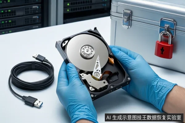 洁净室白色桌面上，戴蓝色手套的双手正持握一块打开外壳的机械硬盘，左侧盘绕一根黑色USB数据线，右侧为挂有红色挂锁的银色金属防震箱，背景可见服务器机柜。