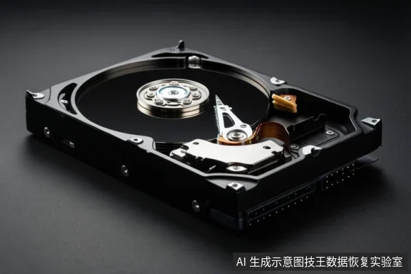 黑色背景上展示一个打开外壳的机械硬盘，可见盘片、主轴电机、磁头臂组件及接口区域，设备处于静态展示状态。