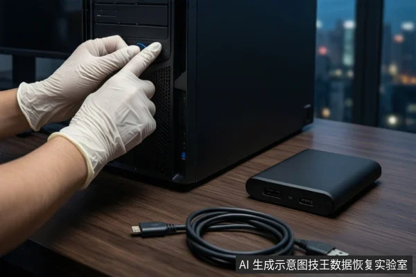 木质桌面上,左侧竖立一台黑色塔式主机,前景一双戴白手套的手正在按压主机正面的电源按钮。右侧平放一个黑色外接硬盘盒,前景盘绕着一根黑色USB数据线。背景为模糊的窗户和城市夜景。