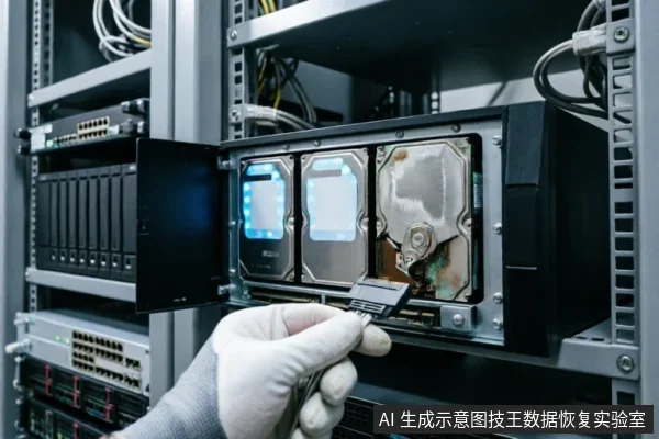 戴白色防静电手套的技术人员正在服务器机架前操作,手持SATA数据线连接至硬盘托架上的机械硬盘。背景可见其他服务器设备与线缆,展示了数据中心硬件维护或数据提取的场景。