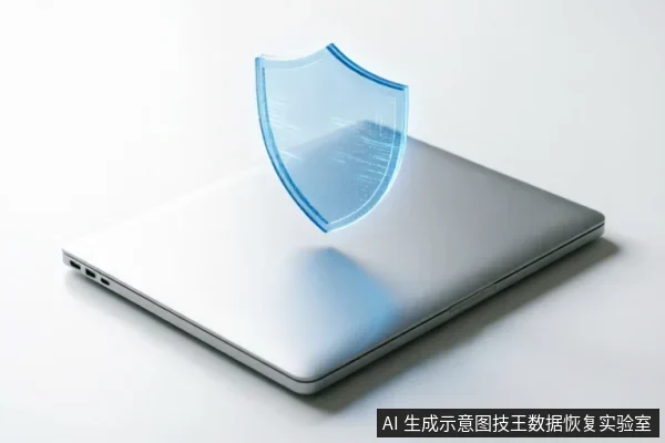 一台闭合的银色笔记本电脑,上方悬浮着一个发光的蓝色半透明盾牌全息图标,象征数据安全保护与原始介质防护。