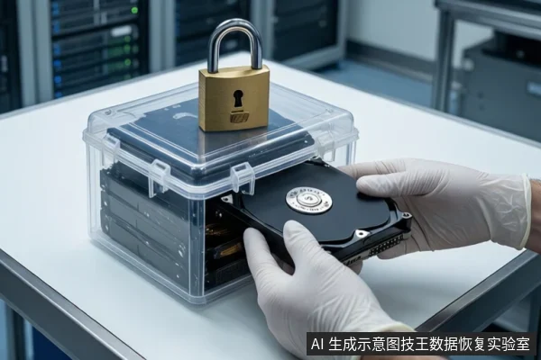 白色桌面上,一个透明塑料防震箱内堆叠着多块机械硬盘,箱顶放着一把金色挂锁。一双戴白色手套的手正握持一块裸露的机械硬盘,将其对准防震箱开口。背景为模糊的服务器机柜。