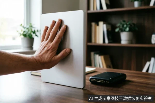 画面展示了一只手按在竖立于木质桌面上的银色笔记本电脑侧面,旁边放置着一个黑色的多接口外部存储设备。背景为模糊的书架与绿植,呈现出典型的桌面办公或技术检测环境。