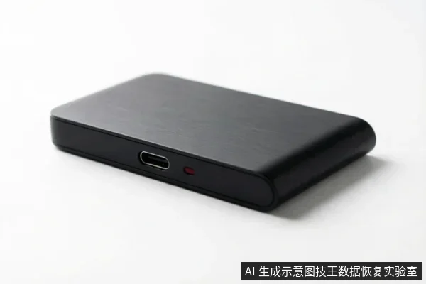 图片展示了一个黑色长方形移动硬盘的侧面特写。设备表面为哑光材质,边缘圆润,侧边清晰可见一个USB Type-C接口和一个红色圆形指示灯,背景为纯白色,无其他杂物或文字。