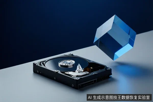 画面展示了一个打开的机械硬盘,旁边悬浮着一个蓝色透明立方体,背景为深蓝色。