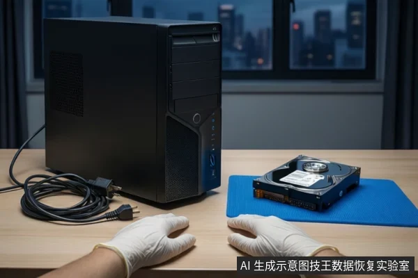 木质桌面上,左侧是一台黑色台式主机,旁边盘绕着一根黑色电源线。右侧蓝色防静电垫上平放一块闭合的机械硬盘,一双戴白色手套的手平放在桌面上。背景为模糊的窗户和城市夜景。
