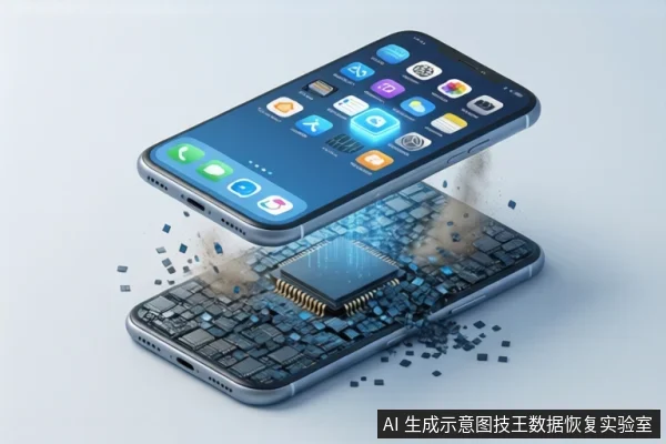 浅蓝背景中,两部智能手机上下悬浮。上方手机屏幕显示应用图标,下方手机外壳呈碎裂状,露出内部芯片,周围有蓝色像素碎片飞溅。