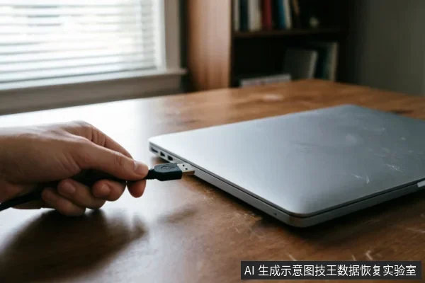 一只手正将黑色USB数据线插入放置在木桌上的银色笔记本电脑侧面接口,展示连接外部设备的操作场景。