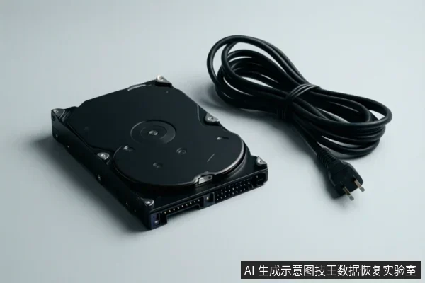 浅灰色背景上放置一块黑色机械硬盘,旁边有一捆黑色电源线,线缆末端为两脚插头。