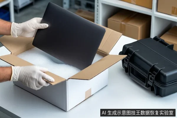 仓库环境中,白色桌面上放置一个装有白色泡沫的纸箱。一双戴白色手套的手正握持一块黑色固态硬盘,悬停在泡沫上方。右侧放置一个闭合的黑色防震箱,背景可见货架和纸箱。