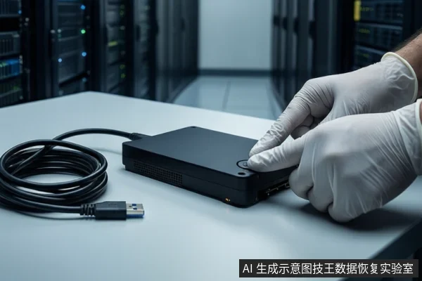 白色桌面上平放一个黑色移动硬盘，左侧有一卷盘绕的黑色USB数据线。一双戴白色手套的手正在按压硬盘正面的圆形按钮。背景为模糊的服务器机柜。