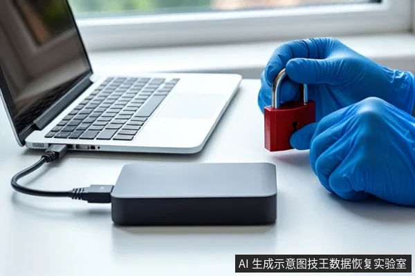 白色桌面上,左侧是一台银色笔记本电脑,中间平放一个黑色外接硬盘盒,通过黑色USB线缆连接至电脑。右侧一双戴蓝色手套的手正持握一个红色挂锁。背景可见模糊的窗户。