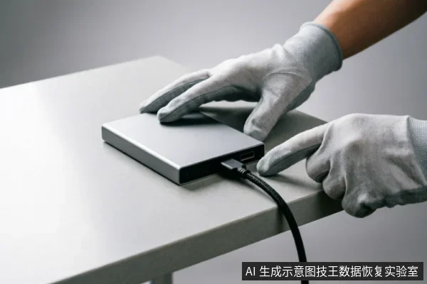 戴着灰色防静电手套的操作人员正在将黑色数据线连接至银色移动硬盘的侧面接口,另一只手轻按设备顶部以固定位置,背景为简洁的浅灰色桌面。