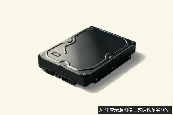 一张WD品牌机械硬盘的静置特写图。硬盘呈黑色,金属顶盖带有流线型凹槽设计,侧面清晰可见SATA数据接口与电源接口。画面背景干净,无连接线或电脑设备,仅展示硬件外观状态。